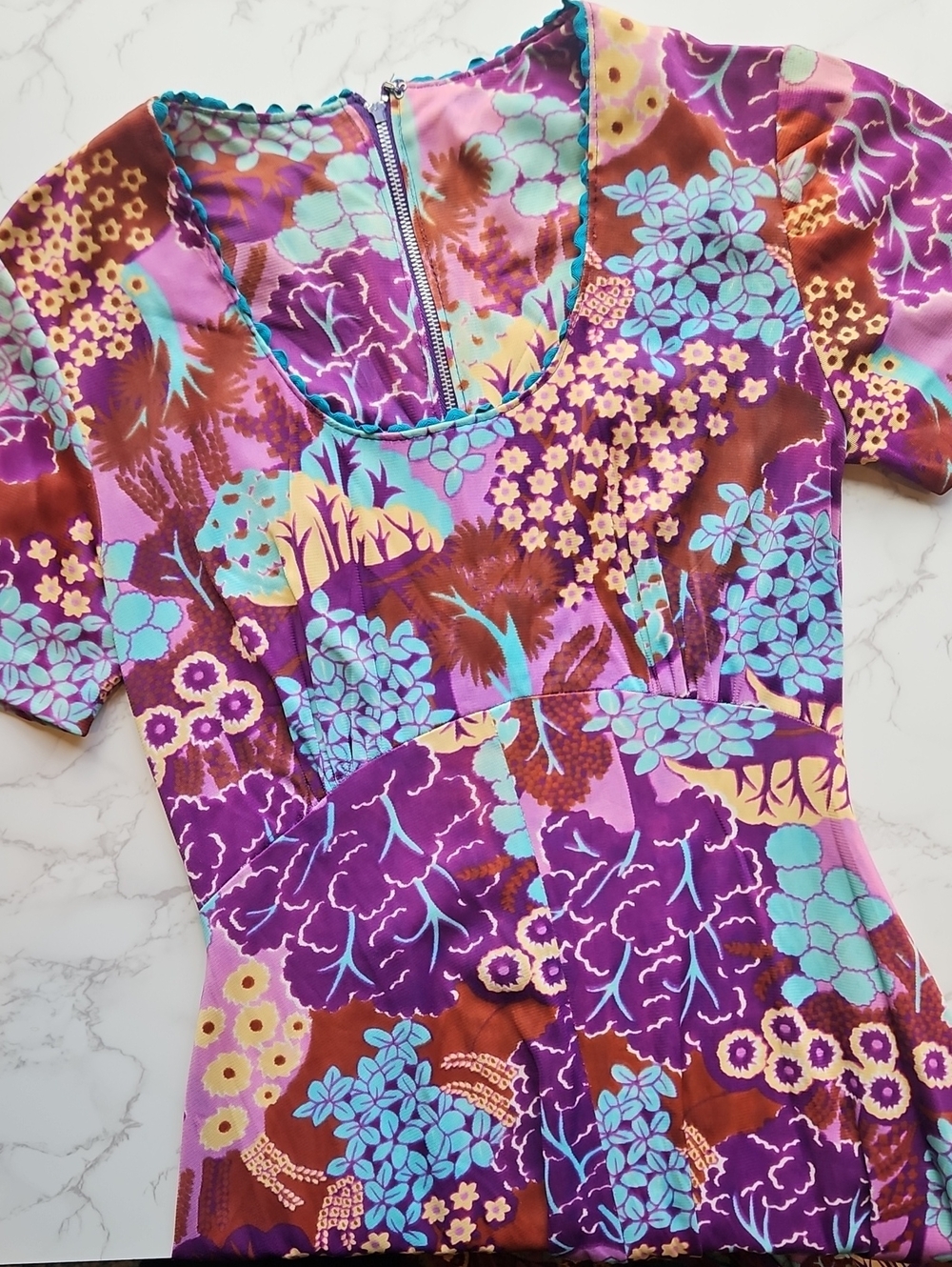 Vintage Floral Short-Sleeve Maxi Dress in Purple and Aqua